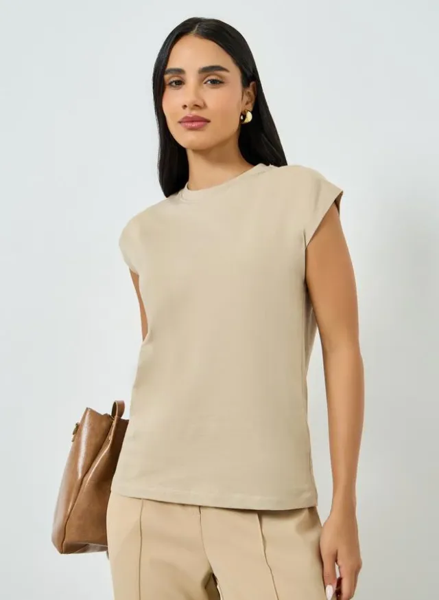 Cap Sleeve Cotton T-Shirt Beige – image 3