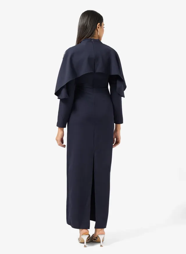 Navy Blue Embellished Maxi Shift Dress with Long Sleeves – image 2