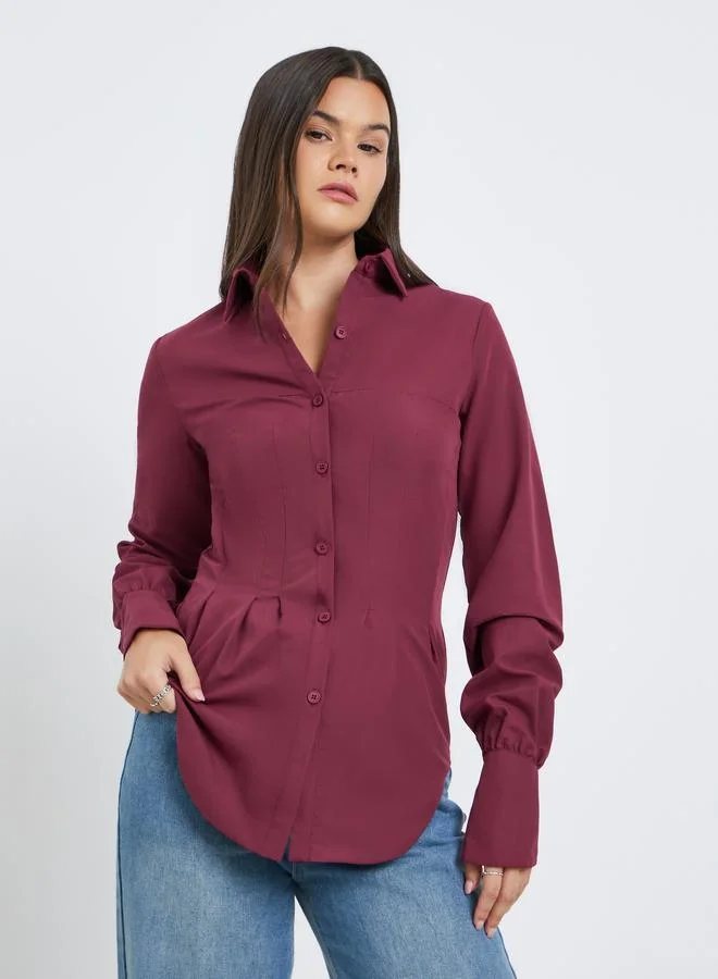 Styli Tailored Waist Spread Collar Shirt Burgundy
