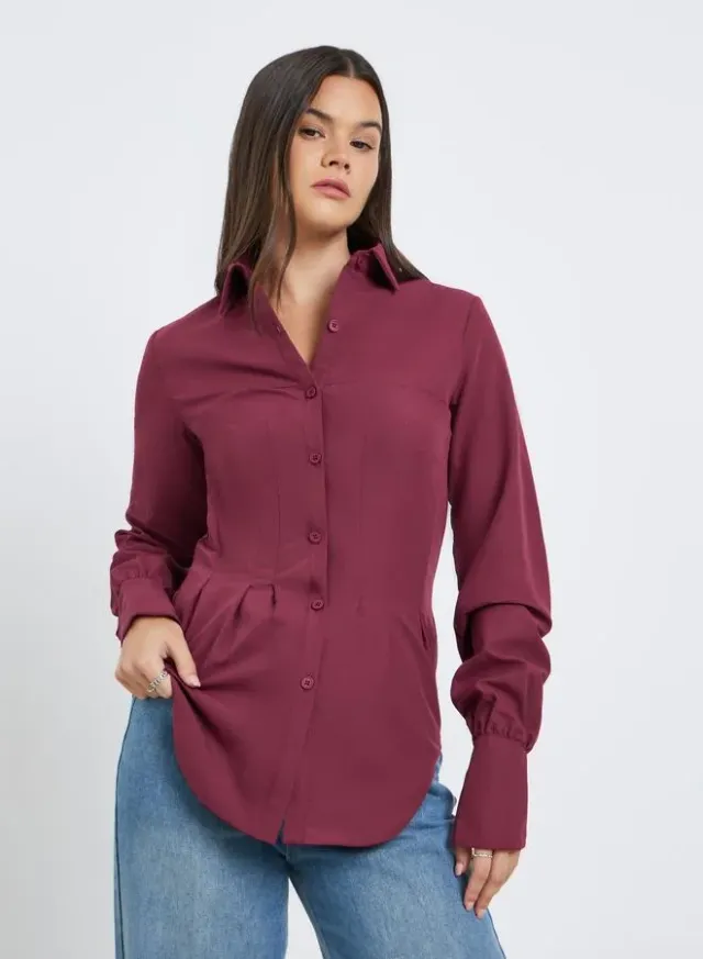 Styli Tailored Waist Spread Collar Shirt Burgundy