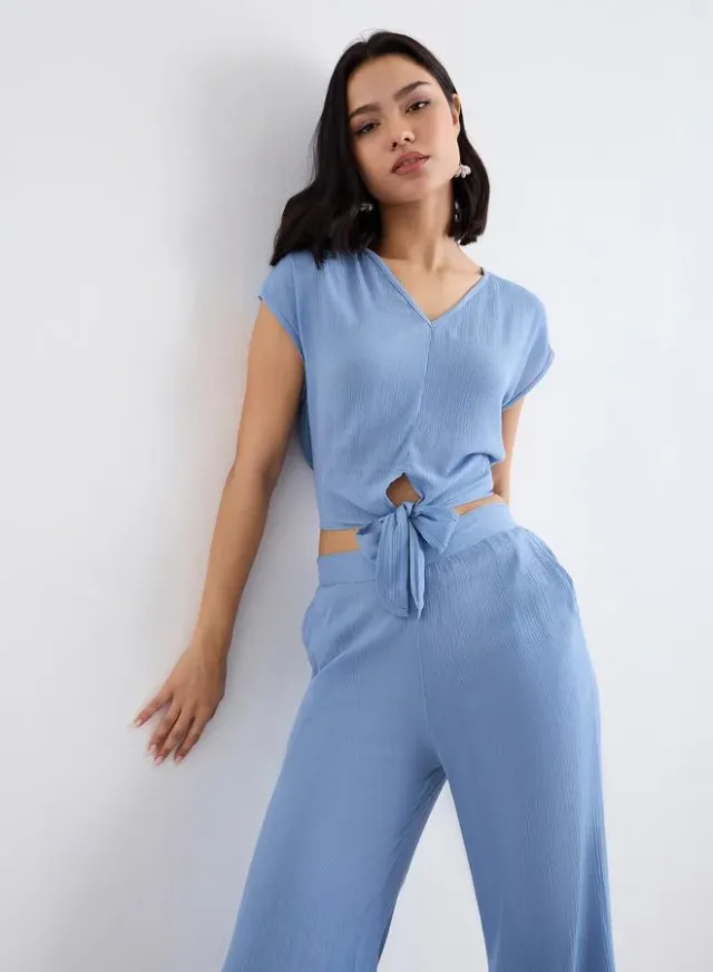 Front Knot Crop Top and Pants Set Blue – image 5