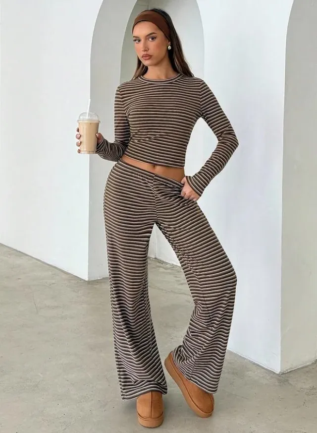 Striped Crop Top & Pants Set Brown – image 3