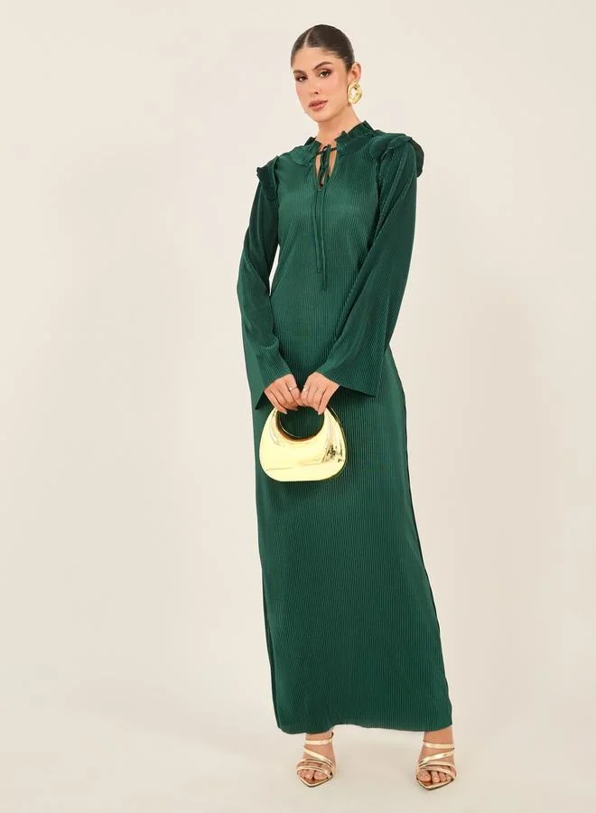 Textured Tie-Neck Shift Maxi Dress Dark Green