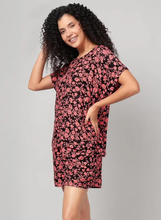 Clovia Floral Print Rayon Top & Shorts Set Black – image 6