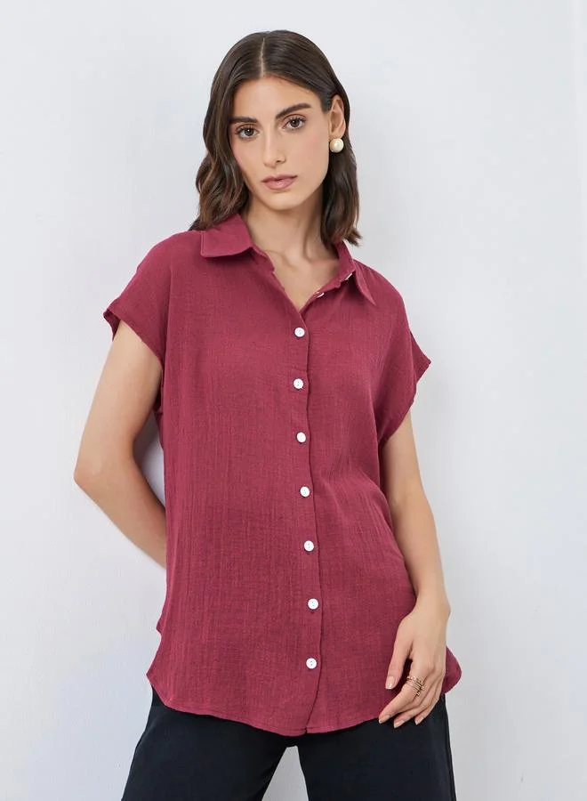 Take Two Longline Button Shirt Burgundy