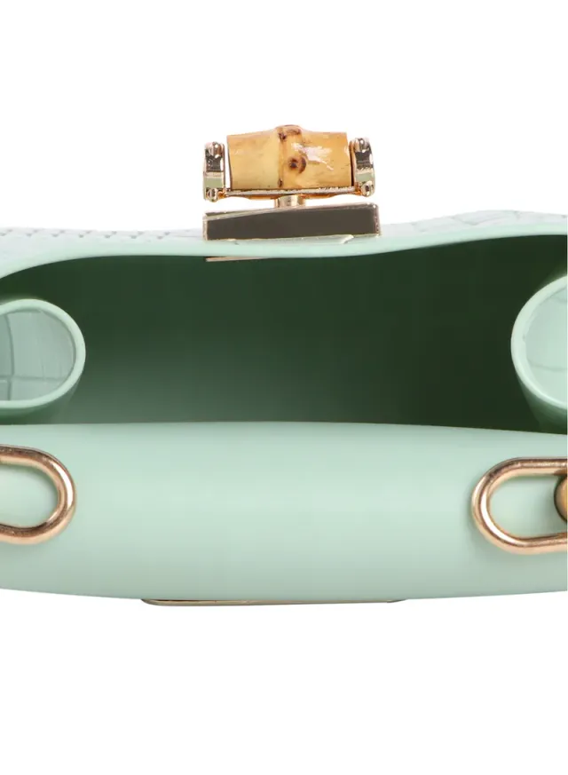 Mint Croc-Embossed PU Leather Handbag with Wooden Handles and Detachable Chain Strap – image 4
