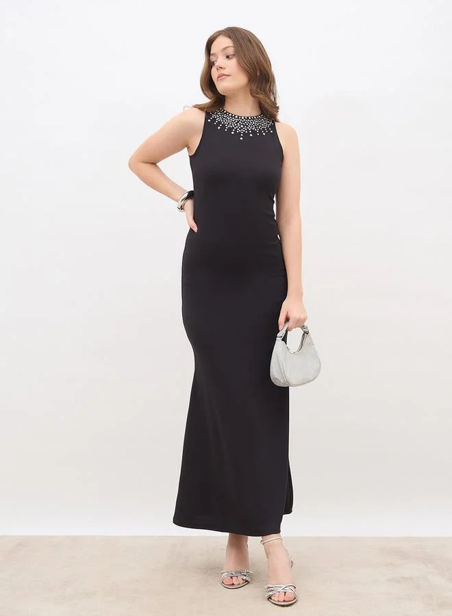 Embellished A-Line Maxi Dress Black