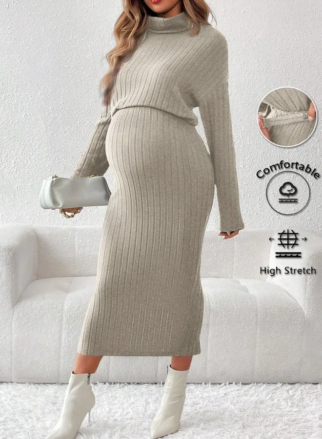 Women's Ribbed Maternity High Neck Top and Skirt Set Beige