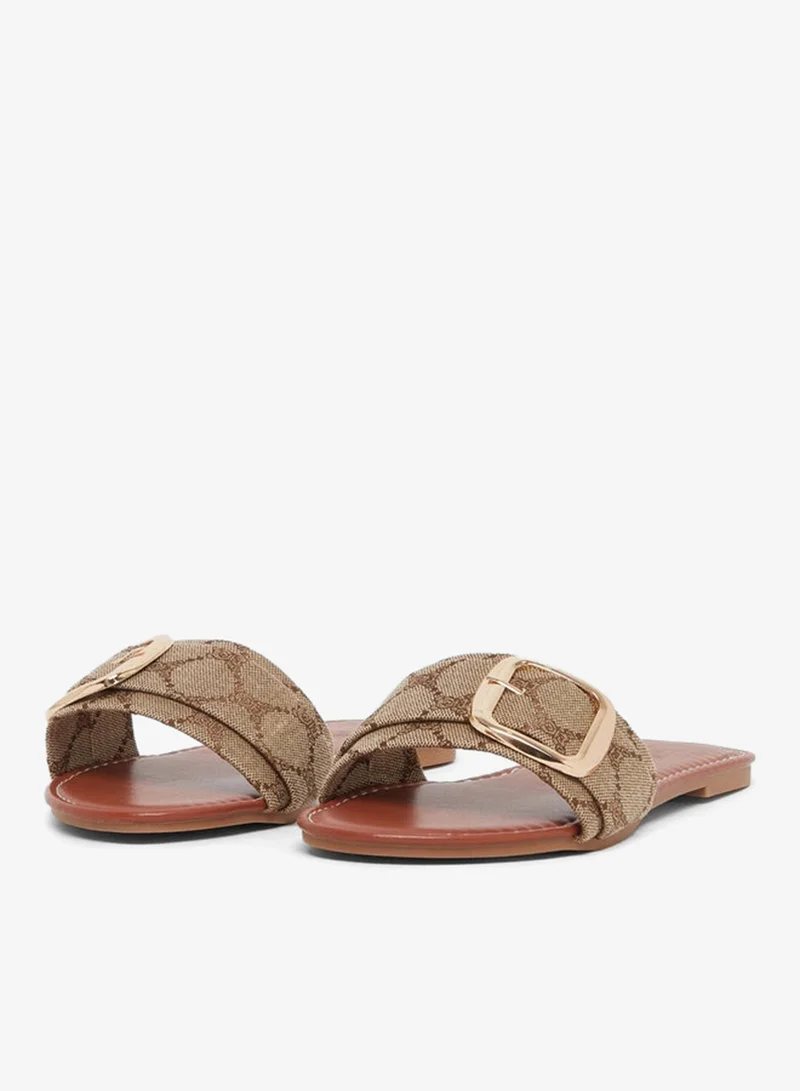 Styli Printed Buckle Flat Sandals Brown