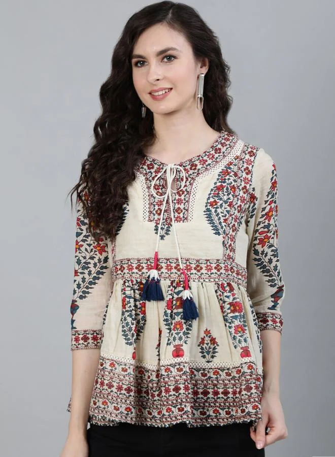 Women's Cotton Self Design A-Line Top - Beige