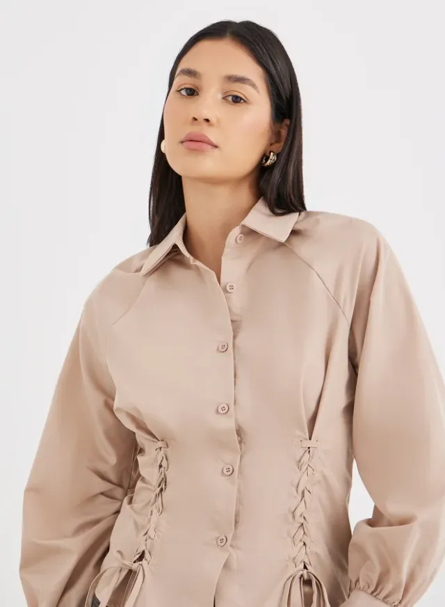 Lace-Up Raglan Sleeve Shirt Beige – image 3