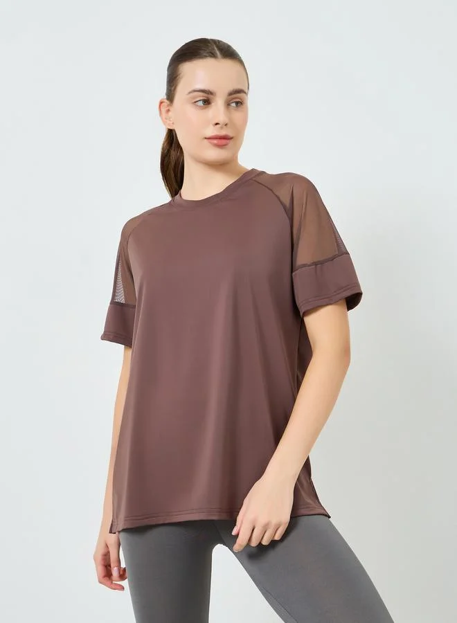 Women's Shoulder Mesh Panel Yoga Top Brown