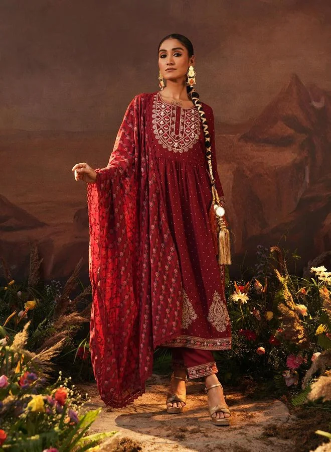 Women's Rayon Embellished 3-Piece Kurta Palazzo Set Dark Red