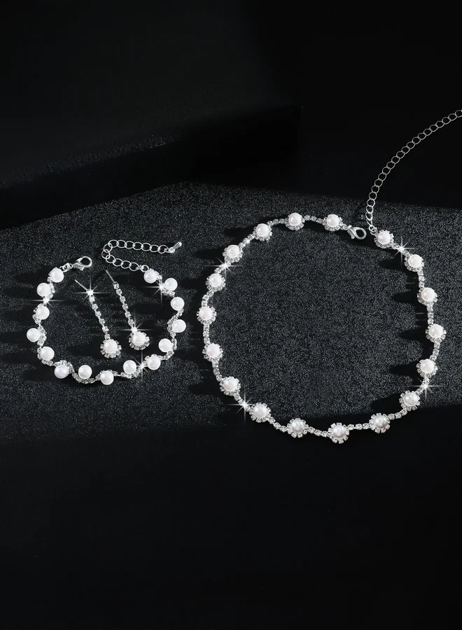 Faux Pearl Rhinestone Necklace with Bracelet and Earrings et