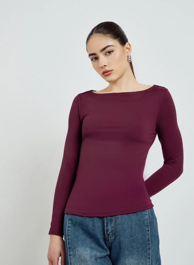 Boat Neck Long Sleeve T-Shirt Burgundy