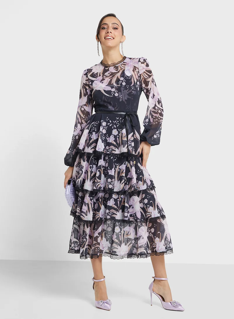 Floral Tiered Dress Deep Slate Blue