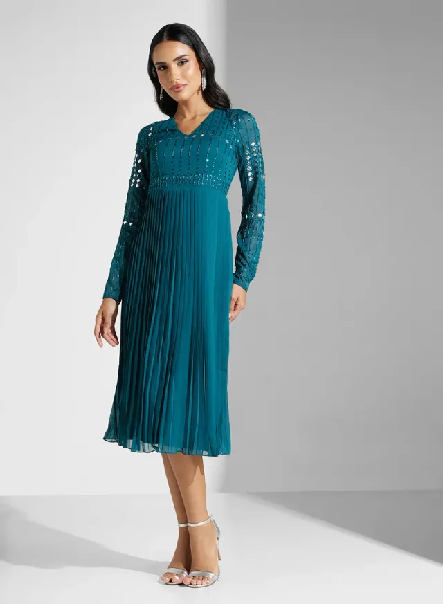Teal Fit & Flare Embellished Midi Dress with Long Sleeves – image 4