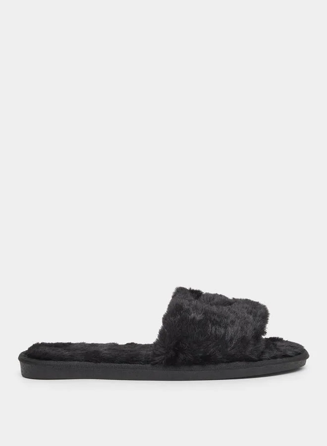 Plush Heart Detail Slippers Black