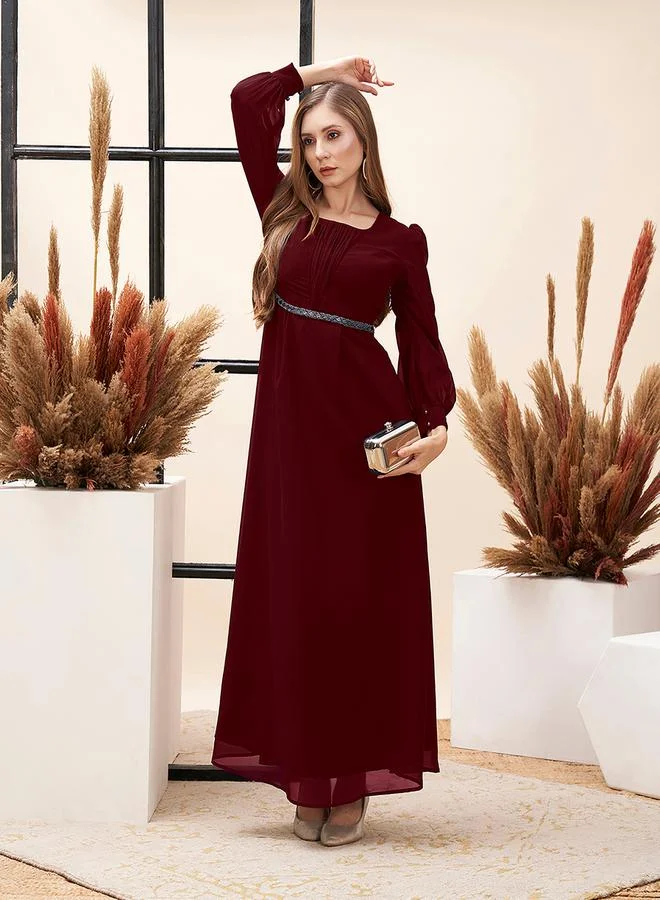 Mish Pleated Puff Sleeve Square Neck Maxi Dress Burgundy