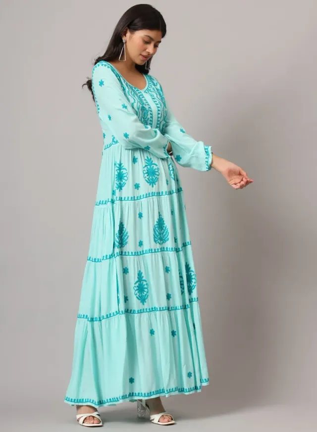 Turquoise Cotton Embroidered Jalabiya for Women - Plus Size – image 4