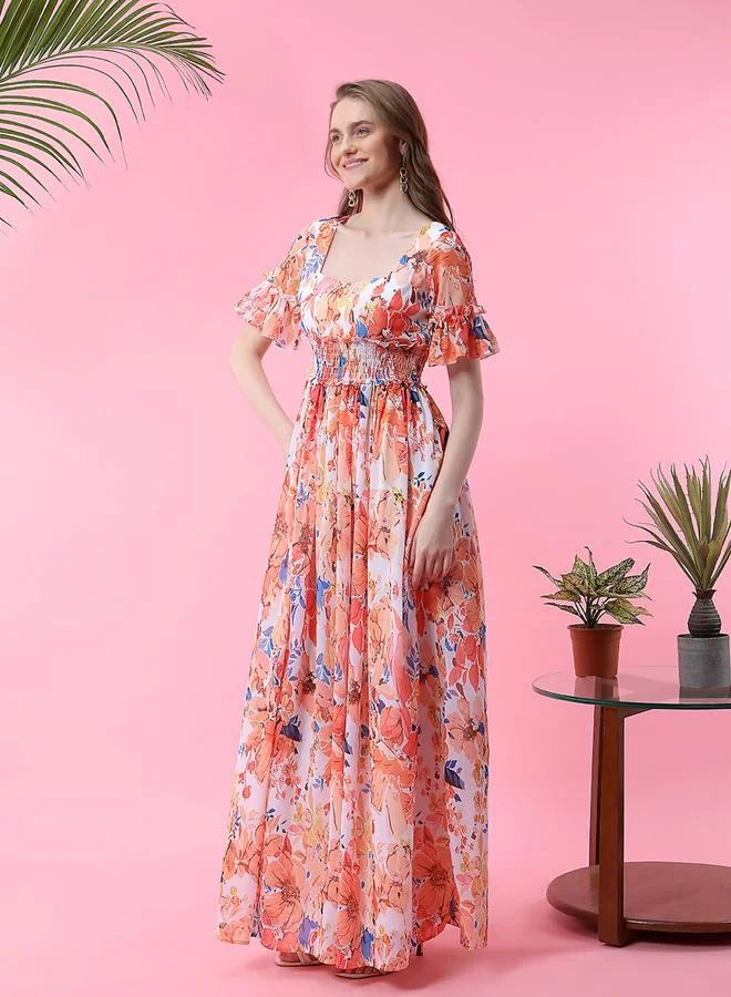 Mish Pleated Puff Sleeve Square Neck A-Line Maxi Dress Vivid Tangerine