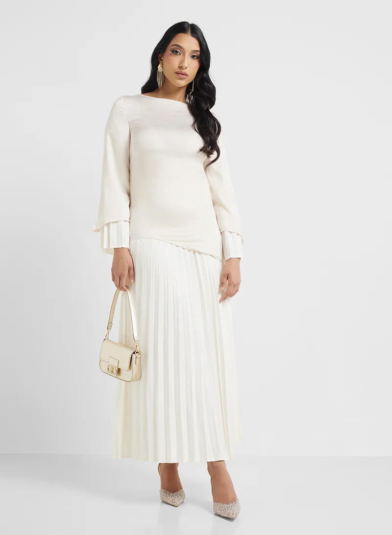 Tunic Top and Pleated Skirt Set Beige