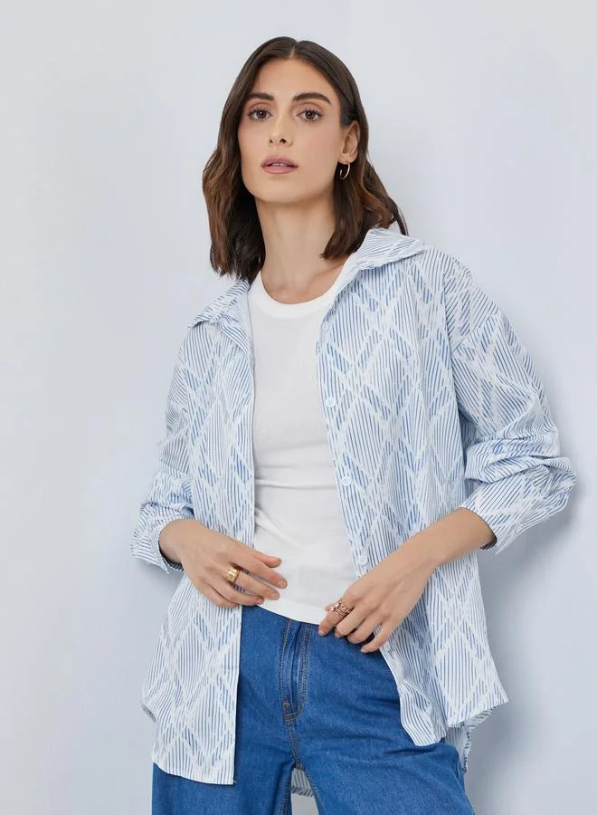 Women's All-Over Print Oversized Long Sleeve Shirt Blue