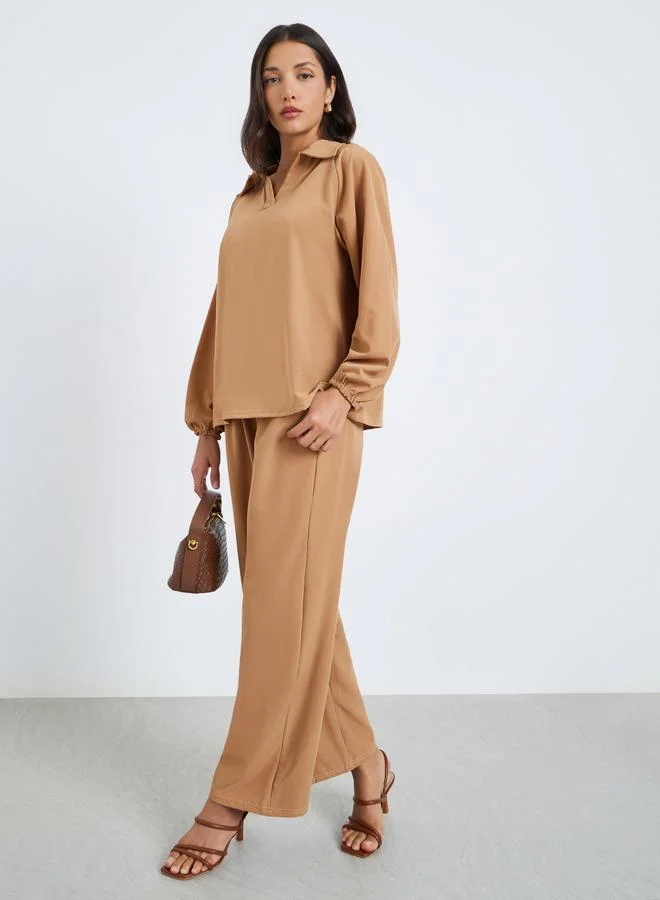 Women's Modest Shirt Collar Top and Pants Set Beige