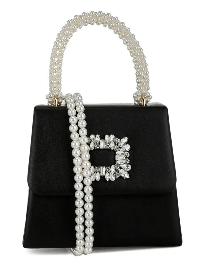 Pearl Handle Diamante Brooch Bag White