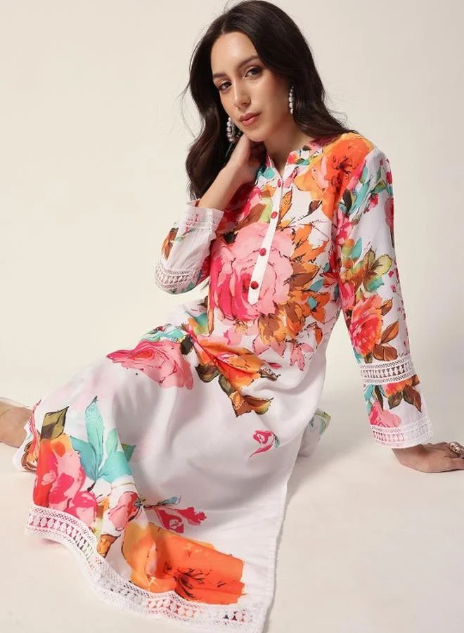 Women's Embellished Cotton Blend Tunic and Palazzo Set - White