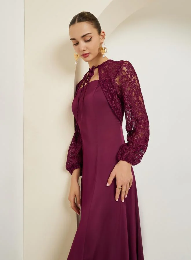 Lace Sleeve A-Line Maxi Dress Burgundy