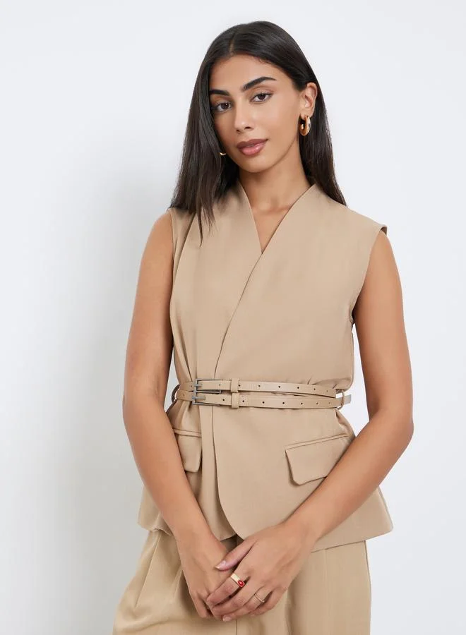 Styli Women Belted Sleeveless Waistcoat Brown