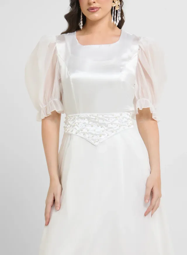 White Maxi Fit & Flare Dress with Puff Sleeves and Embellishments – image 3