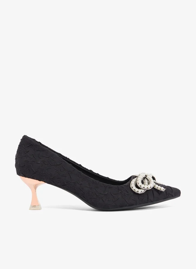 Rhinestone Bow Mid Heel Pump Black