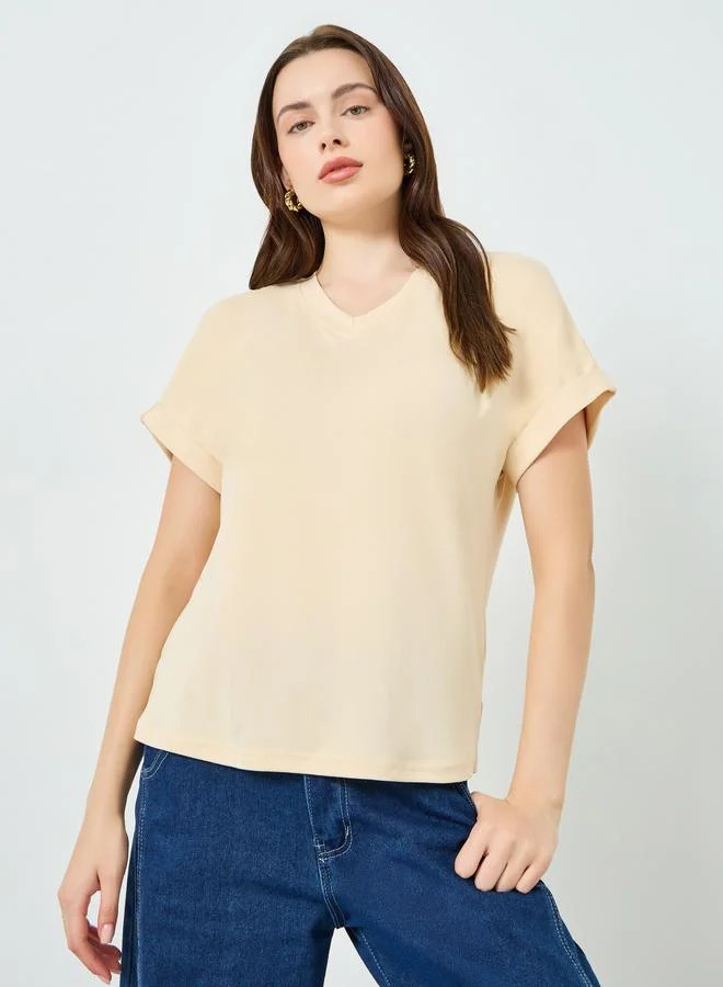 V-Neck T-Shirt with Turn-Up Sleeves Beige