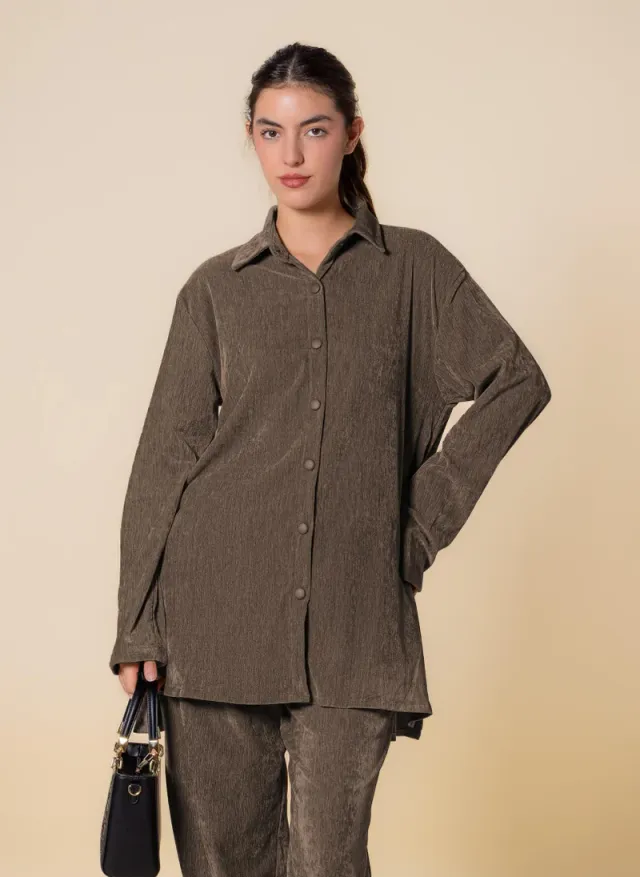 Brown Textured Velvet Long-Sleeve Shirt and Pants Set for Women – image 2