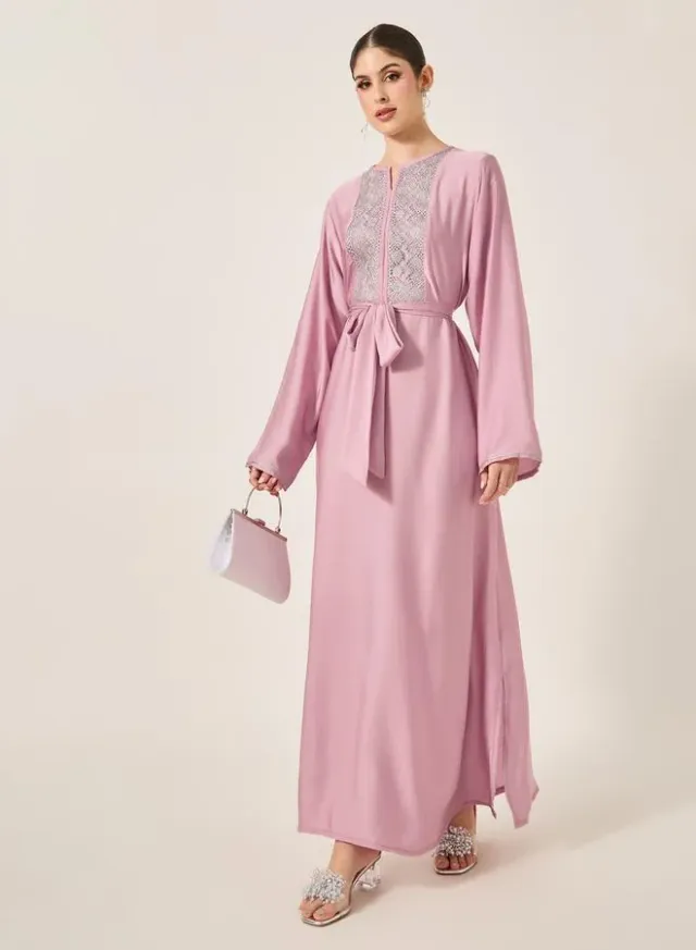 Satin Lace Notch Neck Jalabiya Pale Rose