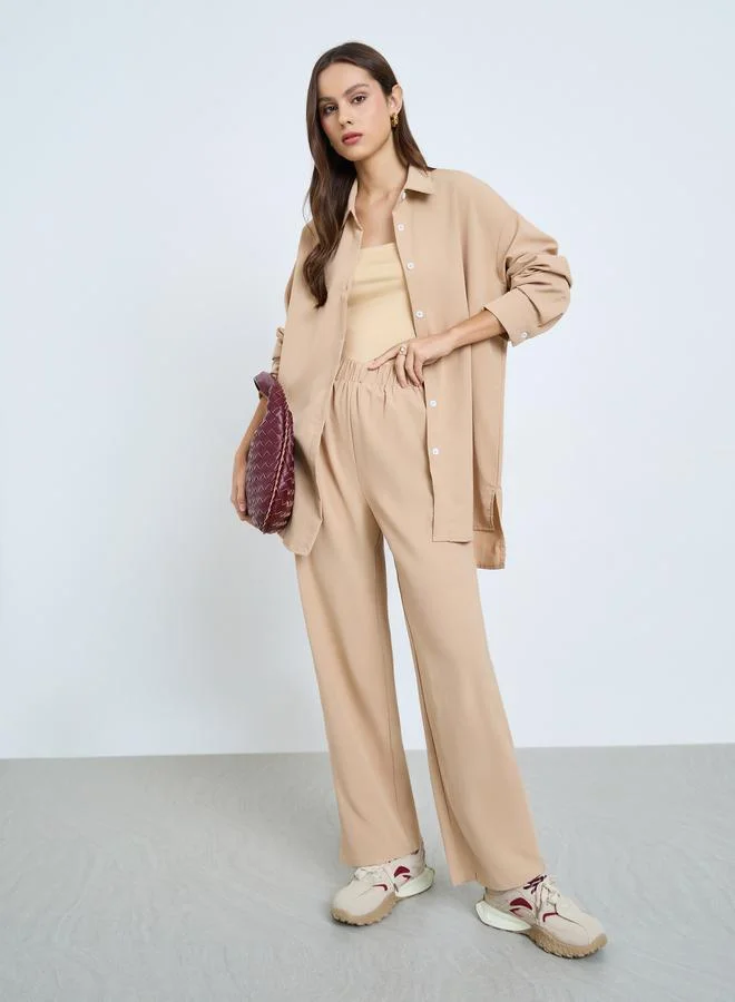Longline Shirt and Pants Co-ord Set Beige
