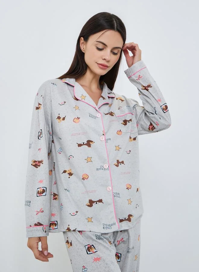 Women's Graphic Print Shirt and Pyjama Set Light Gray