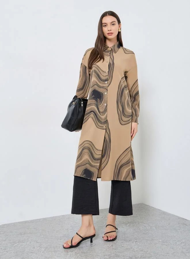 Marble Print Longline Co-ord Set Brown
