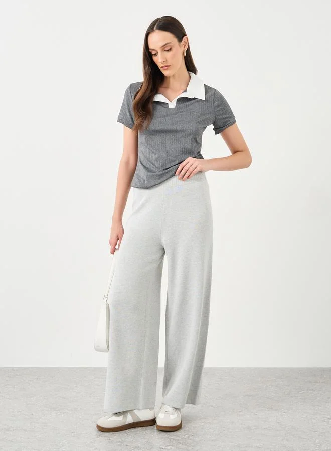 Flat Knit Wide Leg Drawstring Pants Grey