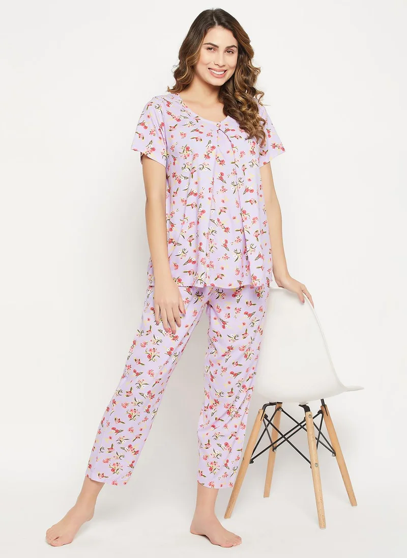 Clovia Floral Rayon Feeding Top & Pyjama Set Pink