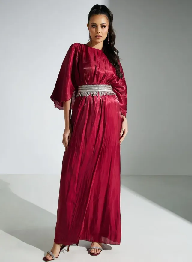 Golden Apple Maxi Kimono Dress with Belt, Solid, Long Sleeves, Round Neck – image 4