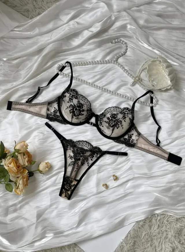 Floral Embroidered Mesh Bra & Thong Set Black