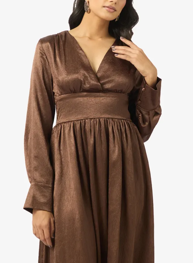 Chocolate Brown Maxi Wrap Dress with V Neck and Long Sleeves – image 3