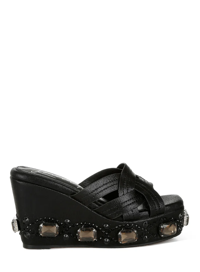 Chunky Rhinestone Cut-Out Sandals Pewter