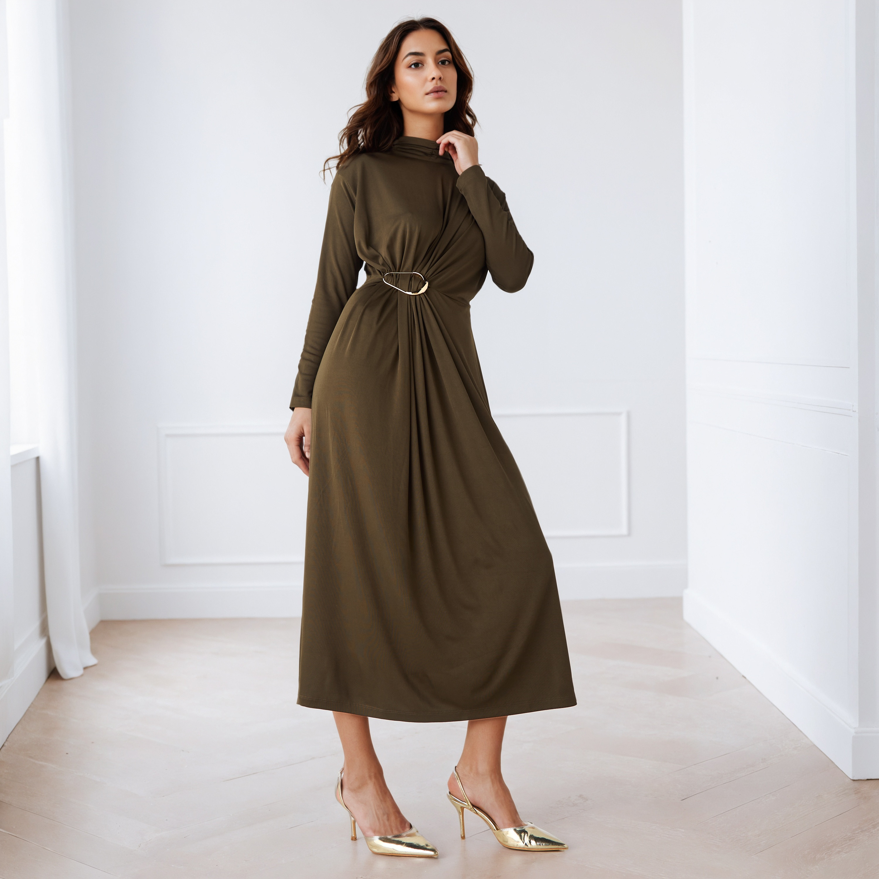 Textured High Neck Midi Dress Green