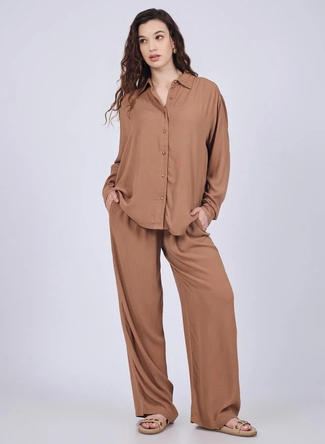 Relaxed Fit Shirt and Pants Co-ord Brown