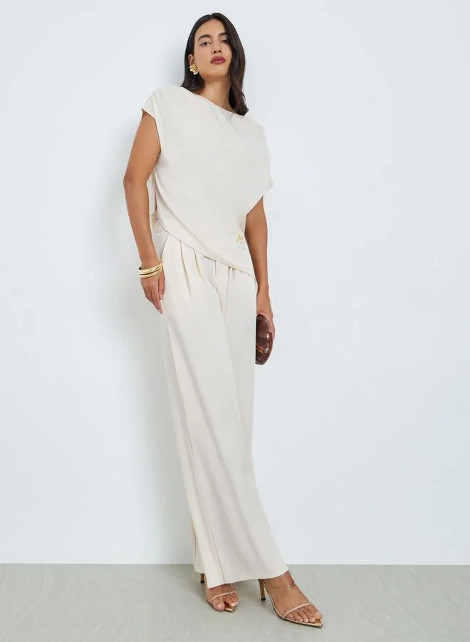 Embroidered Short Sleeve Top & Wide Leg Pants Set Beige