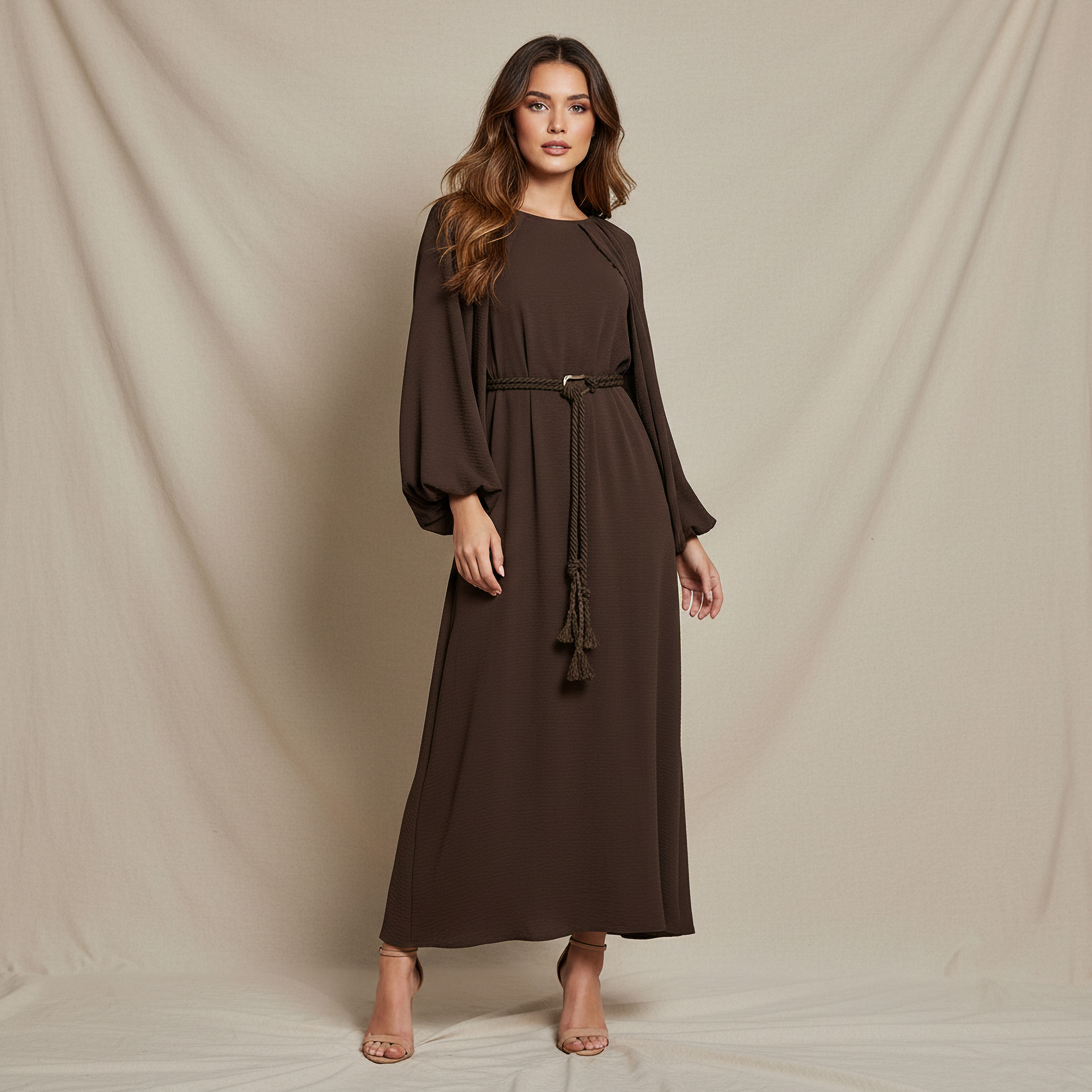 Cape Sleeve A-Line Maxi Dress Brown